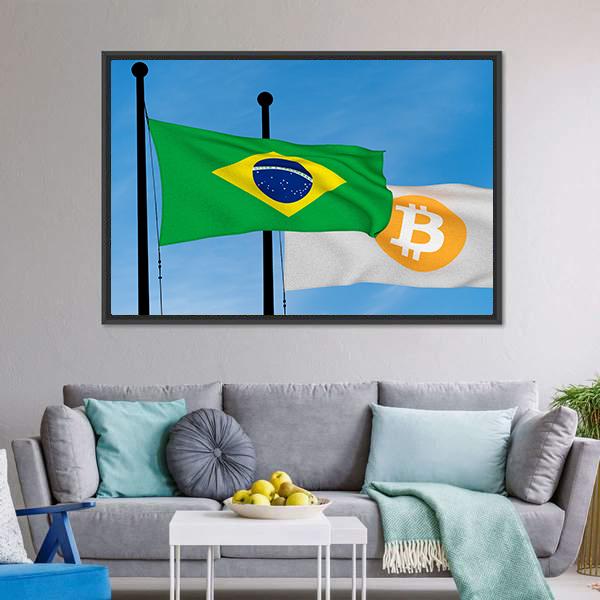 Flag Of Brazil &amp; Bitcoin Panoramic Canvas Wall Art-1 Piece-36" x 12"-Tiaracle
