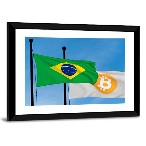 Flag Of Brazil &amp; Bitcoin Panoramic Canvas Wall Art-1 Piece-36" x 12"-Tiaracle
