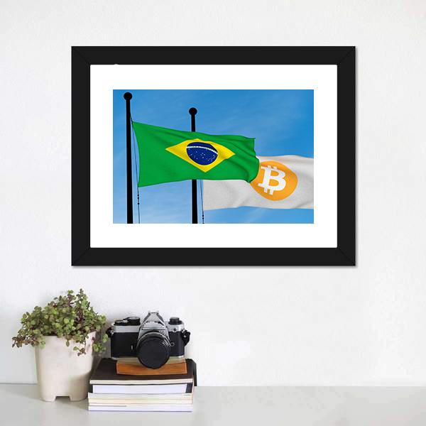 Flag Of Brazil &amp; Bitcoin Panoramic Canvas Wall Art-1 Piece-36" x 12"-Tiaracle