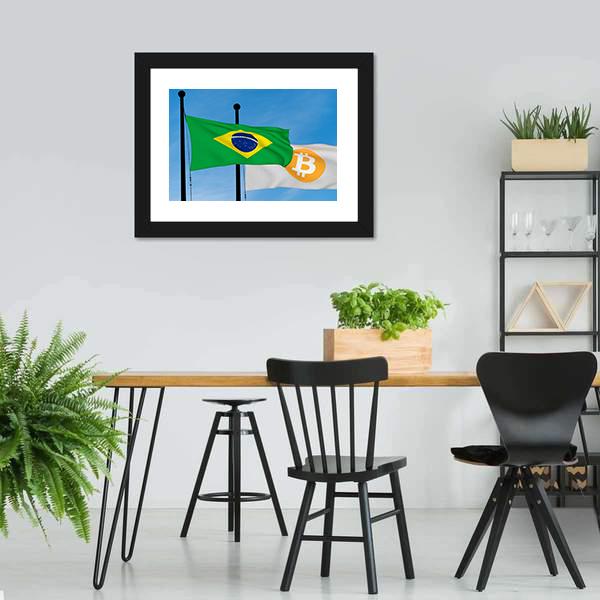Flag Of Brazil &amp; Bitcoin Panoramic Canvas Wall Art-1 Piece-36" x 12"-Tiaracle