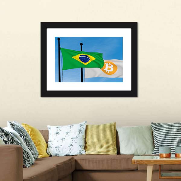Flag Of Brazil &amp; Bitcoin Panoramic Canvas Wall Art-1 Piece-36" x 12"-Tiaracle