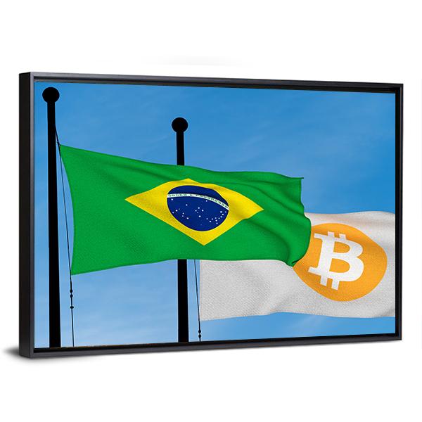 Flag Of Brazil &amp; Bitcoin Panoramic Canvas Wall Art-1 Piece-36" x 12"-Tiaracle