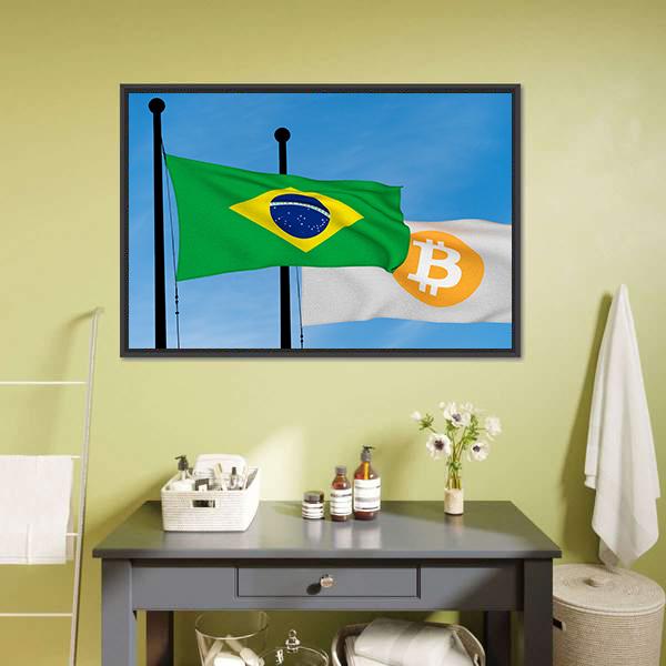 Flag Of Brazil &amp; Bitcoin Panoramic Canvas Wall Art-1 Piece-36" x 12"-Tiaracle