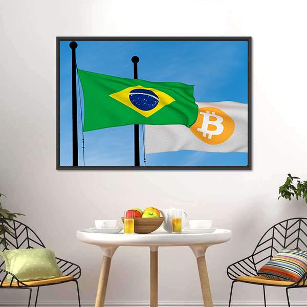 Flag Of Brazil &amp; Bitcoin Panoramic Canvas Wall Art-1 Piece-36" x 12"-Tiaracle