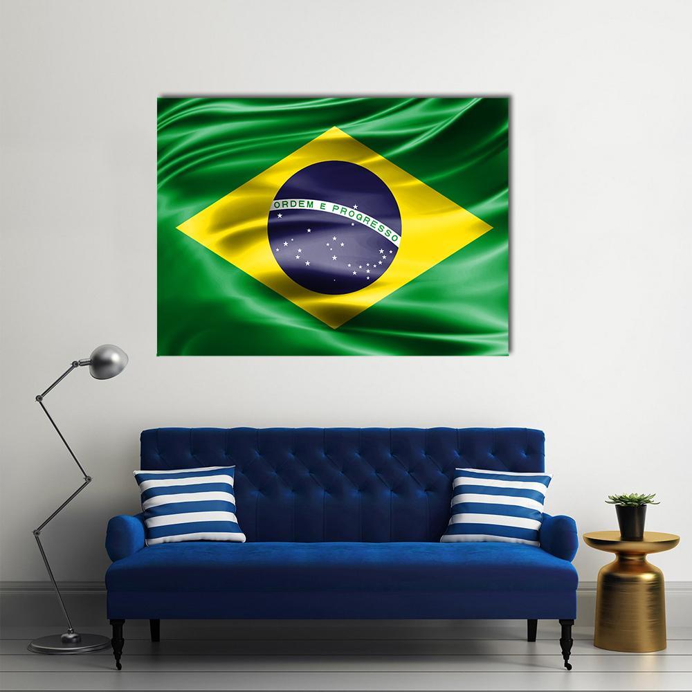 Flag of Brazil Canvas Wall Art in yellow, green and blue, single panel hung on a wall