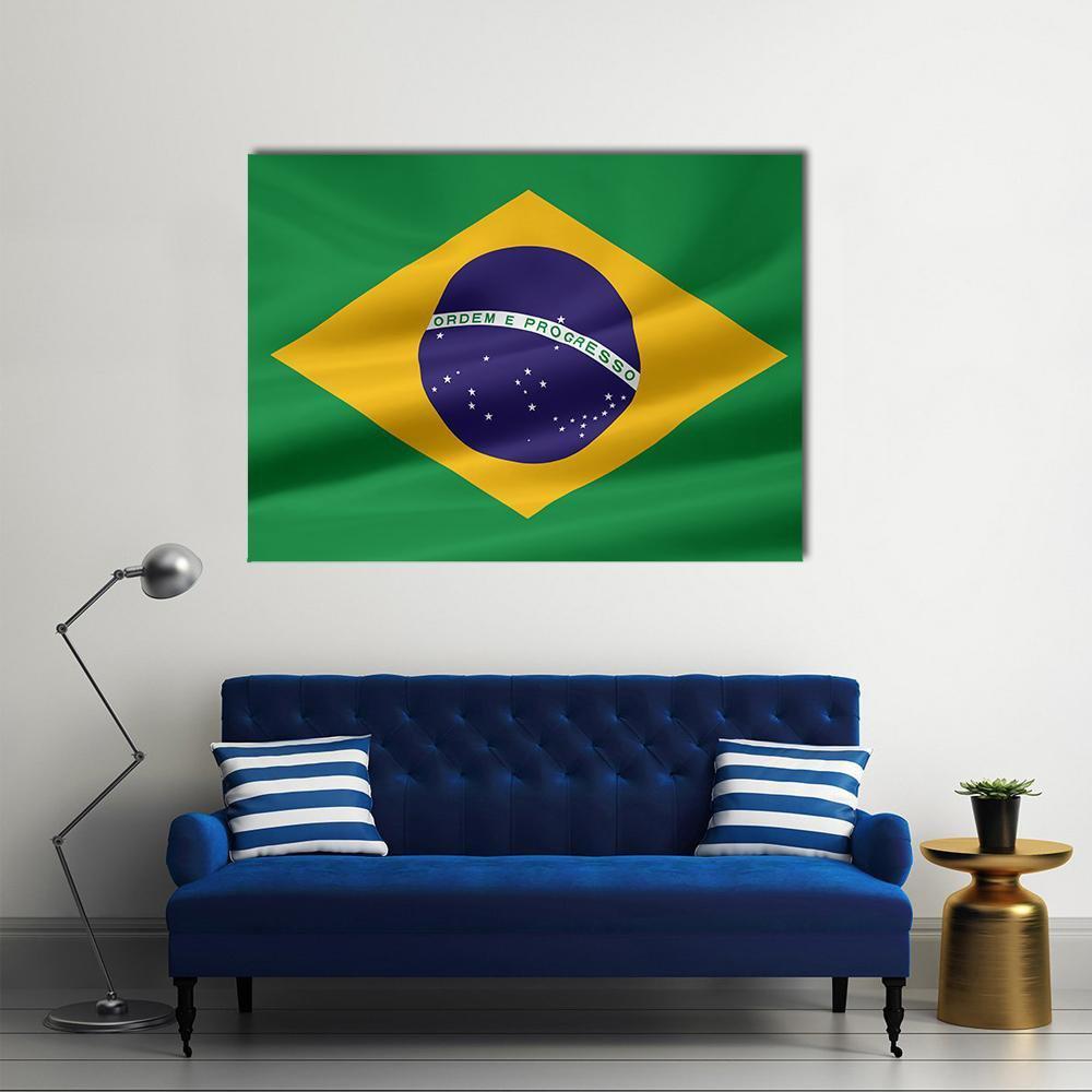 Brazil Flag with Ordem E Progresso Canvas Wall Art in yellow, green and blue, single panel hung on a wall
