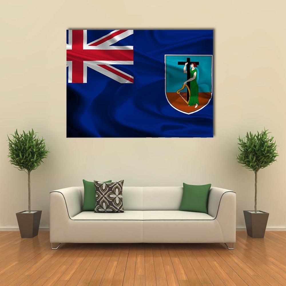 Montserrat Flag with Coat of Arms Canvas Wall Art in white, red and blue, single panel hung on a wall