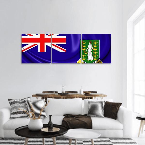 British Virgin Islands Flag with Saint Ursula Crest Panoramic Canvas Wall Art in white, red and blue, hung on a wall