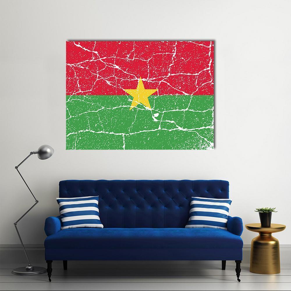 Burkina Faso Flag with Cracked Texture Canvas Wall Art in red, yellow and green, single panel hung on a wall