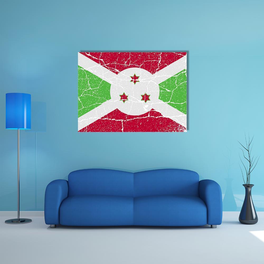 Burundi Flag with Distressed Texture Canvas Wall Art in white, red and green, single panel hung on a wall