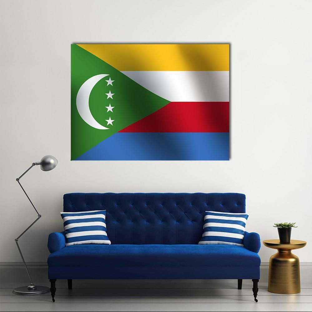 Comoros Flag with Crescent and Four Stars Canvas Wall Art in yellow, green and multicolor, single panel hung on a wall