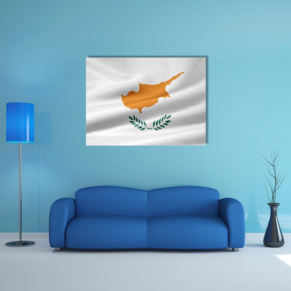 Cyprus Flag with Map and Olive Branches Canvas Wall Art in white, orange and green, single panel hung on a wall