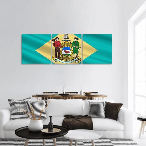 Delaware State Flag with Coat of Arms Panoramic Canvas Wall Art in yellow, green and blue, hung on a wall