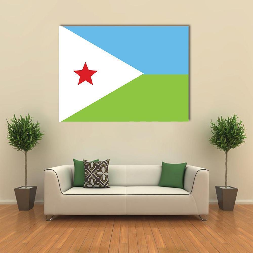 Djibouti Flag Canvas Wall Art in white, green and blue, single panel hung on a wall