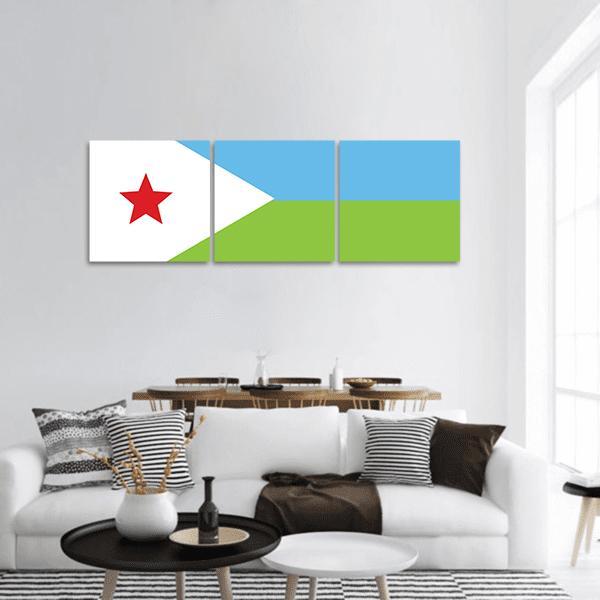 Flag of Djibouti Panoramic Canvas Wall Art in white, green and blue, hung on a wall