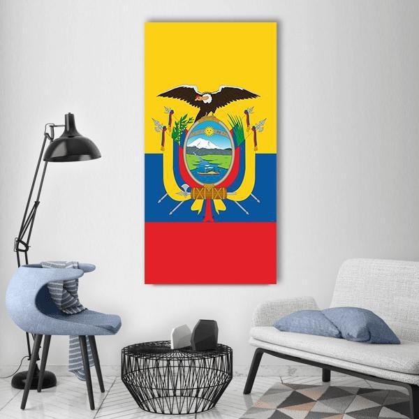 Ecuadorian Flag with Coat of Arms Vertical Canvas Wall Art in red, yellow and blue, single vertical panel hung on a wall