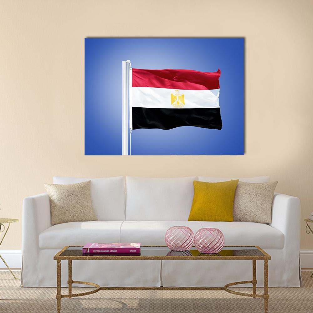 Waving Egyptian Flag with Eagle of Saladin Canvas Wall Art in white, red and blue, single panel hung on a wall