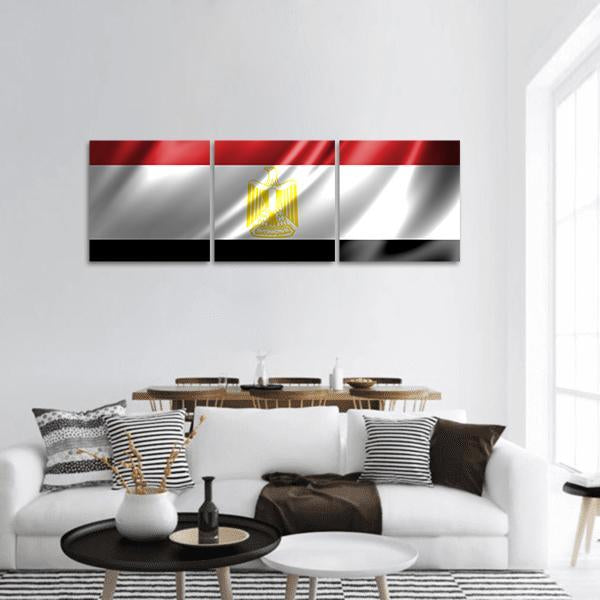 Waving Egyptian Flag with Golden Eagle Panoramic Canvas Wall Art in black, white and red, hung on a wall