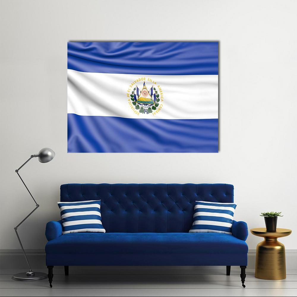 El Salvador Flag with Coat of Arms Canvas Wall Art in white and blue, single panel hung on a wall