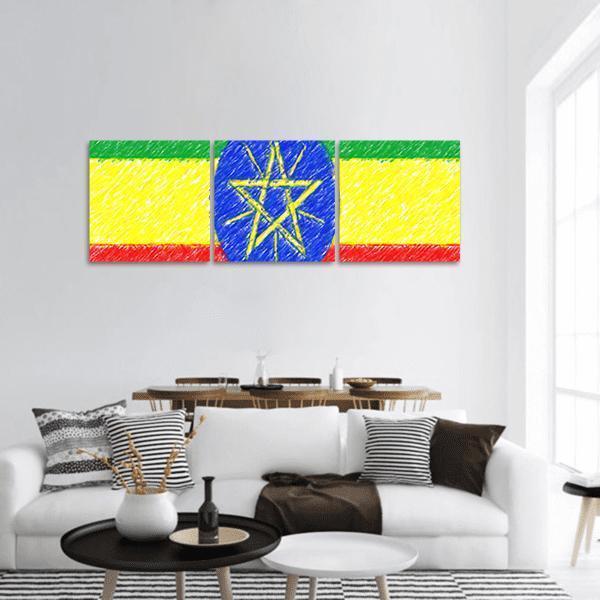 Ethiopian Flag with Central Emblem Panoramic Canvas Wall Art in yellow, green and blue, hung on a wall
