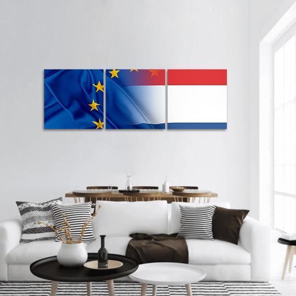 Draped European Union and Netherlands Flags Panoramic Canvas Wall Art in white, red and blue, hung on a wall