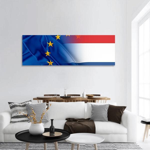 European Union &amp; Netherlands Flag Panoramic Canvas Wall Art-1 Piece-36" x 12"-Tiaracle