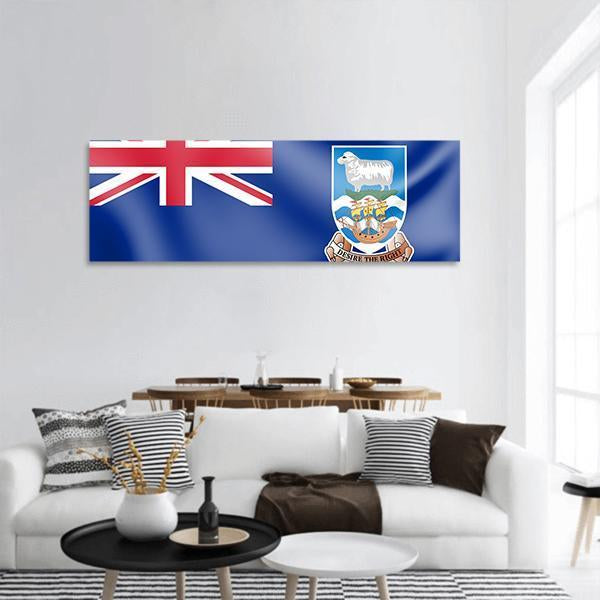 Falkland Islands Flag with Coat of Arms Panoramic Canvas Wall Art in white, red and blue, hung on a wall