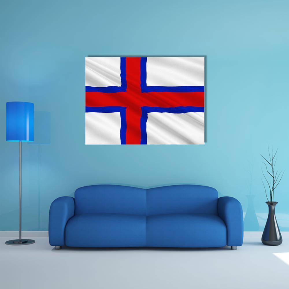 Faroe Islands Flag Canvas Wall Art in white, red and blue, single panel hung on a wall