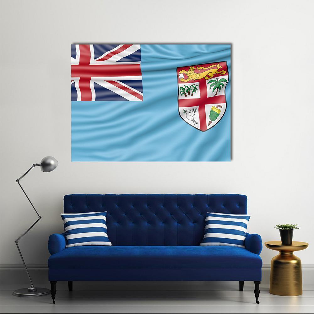 Fiji Flag with Union Jack and Coat of Arms Canvas Wall Art in white, red and blue, single panel hung on a wall
