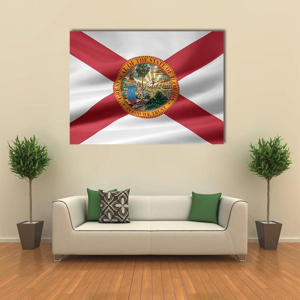 Florida Flag with Great Seal Canvas Wall Art in white, gold and red, single panel hung on a wall