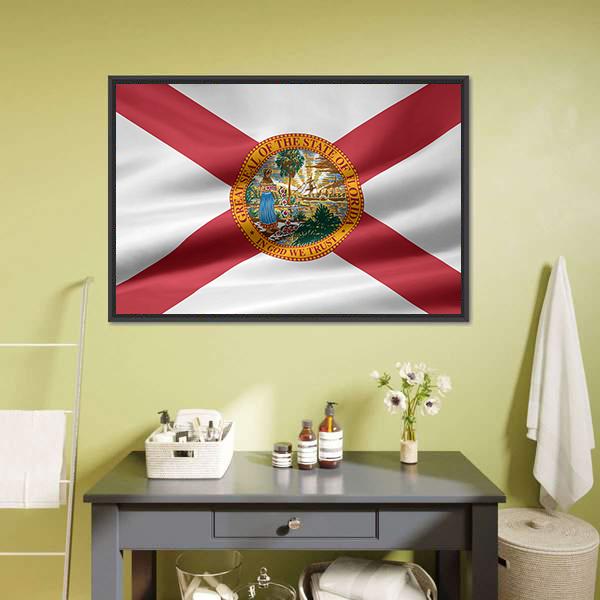 Flag of Florida Canvas Wall Art in white, gold and red, framed canvas, product view on a white background