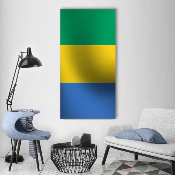 Gabon Tricolor Flag Vertical Canvas Wall Art in yellow, green and blue, single vertical panel hung on a wall