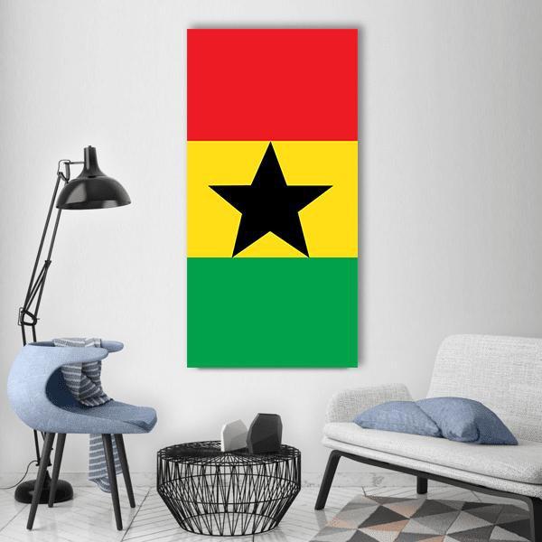 Ghana Flag with Black Star Vertical Canvas Wall Art in red, yellow and green, single vertical panel hung on a wall