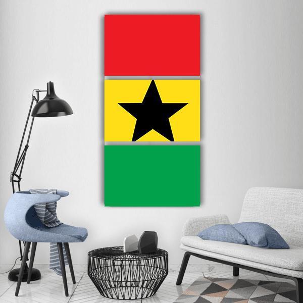 Ghana Flag with Black Star Vertical Canvas Wall Art in red, yellow and green, hung on a wall