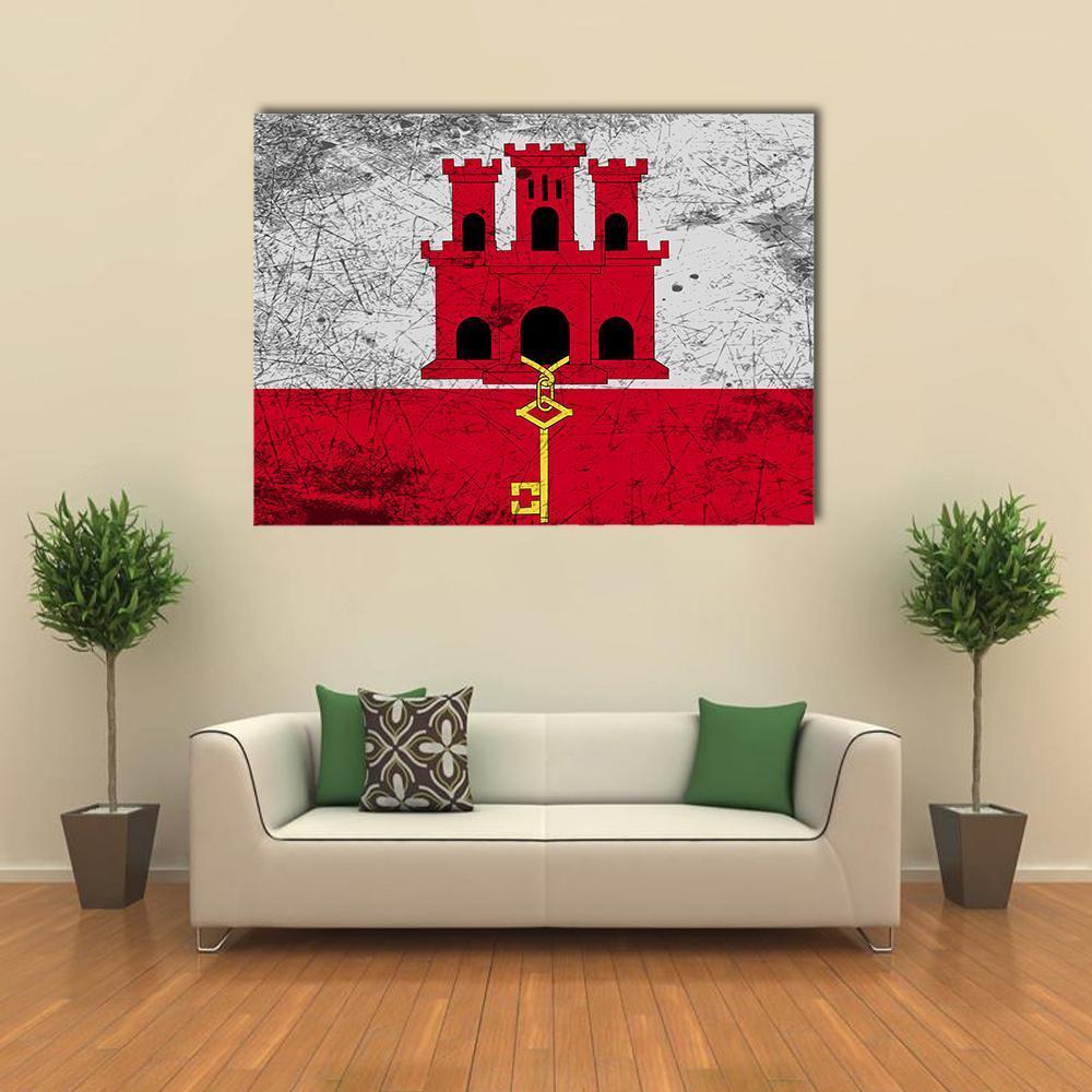 Gibraltar Flag with Castle and Keyhole Canvas Wall Art in white, red and yellow, single panel hung on a wall