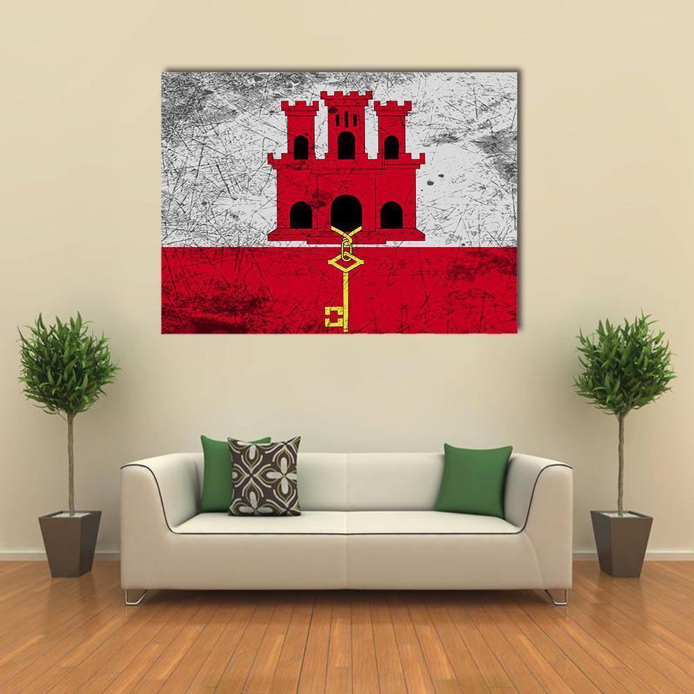 Distressed Flag of Gibraltar Canvas Wall Art in white, gray and red, single panel hung on a wall