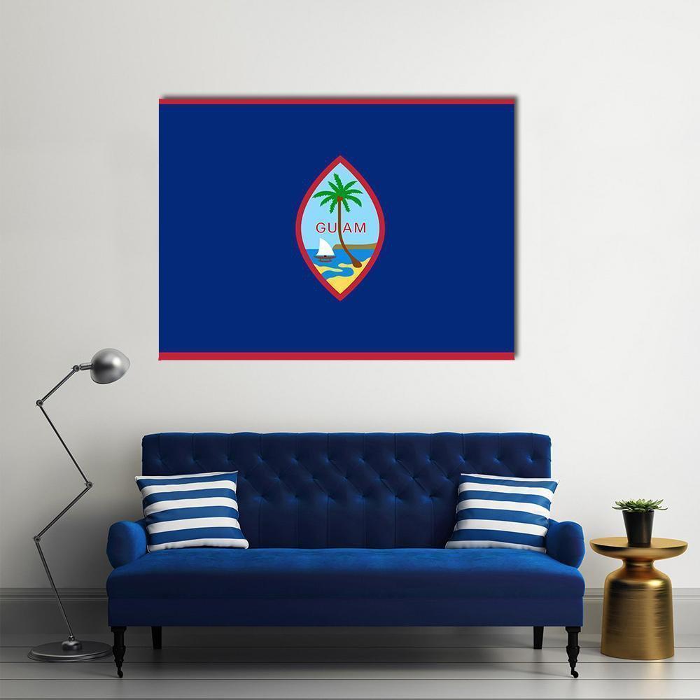 Guam Flag with Central Almond Emblem Canvas Wall Art in red and blue, single panel hung on a wall