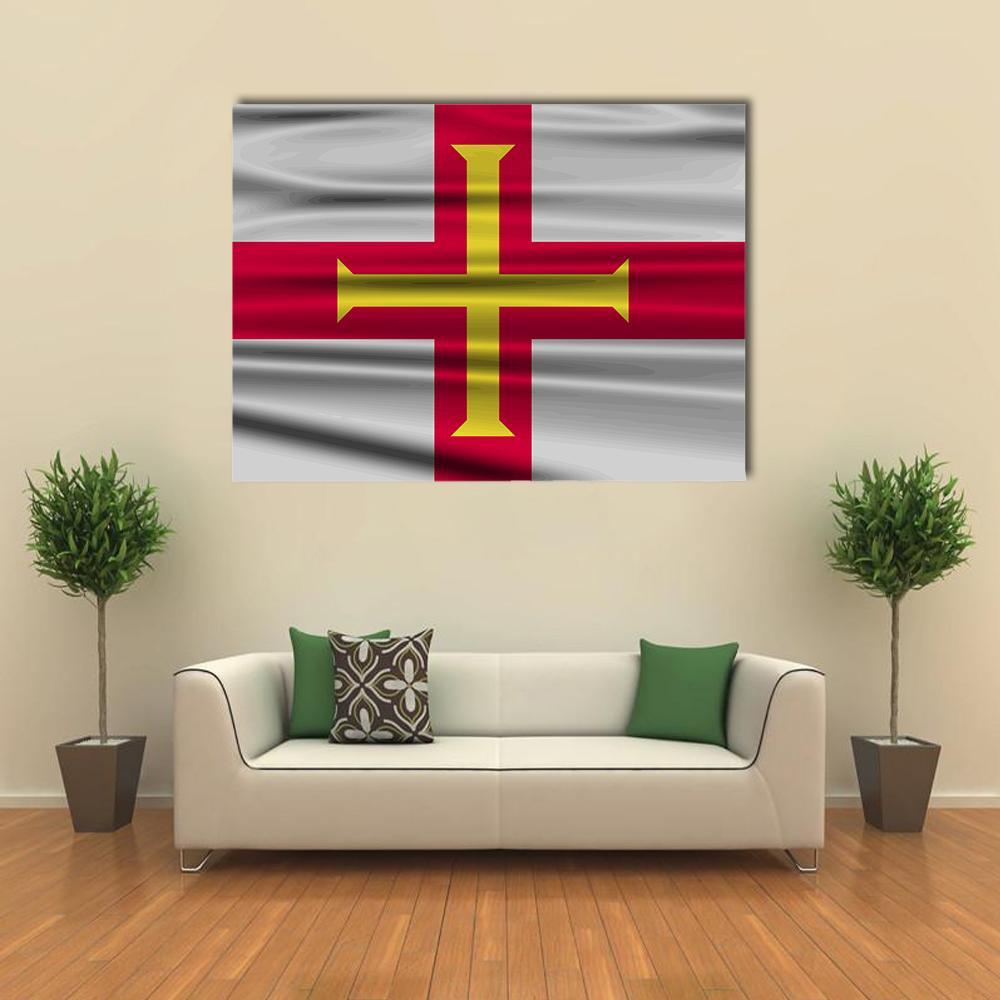 Waving Guernsey Flag Canvas Wall Art in white, red and yellow, single panel hung on a wall