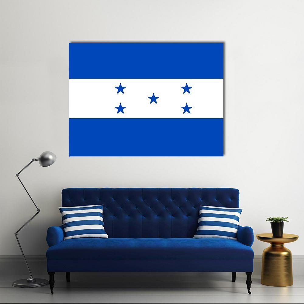 Honduras Flag Minimalist Design Canvas Wall Art in white and blue, single panel hung on a wall