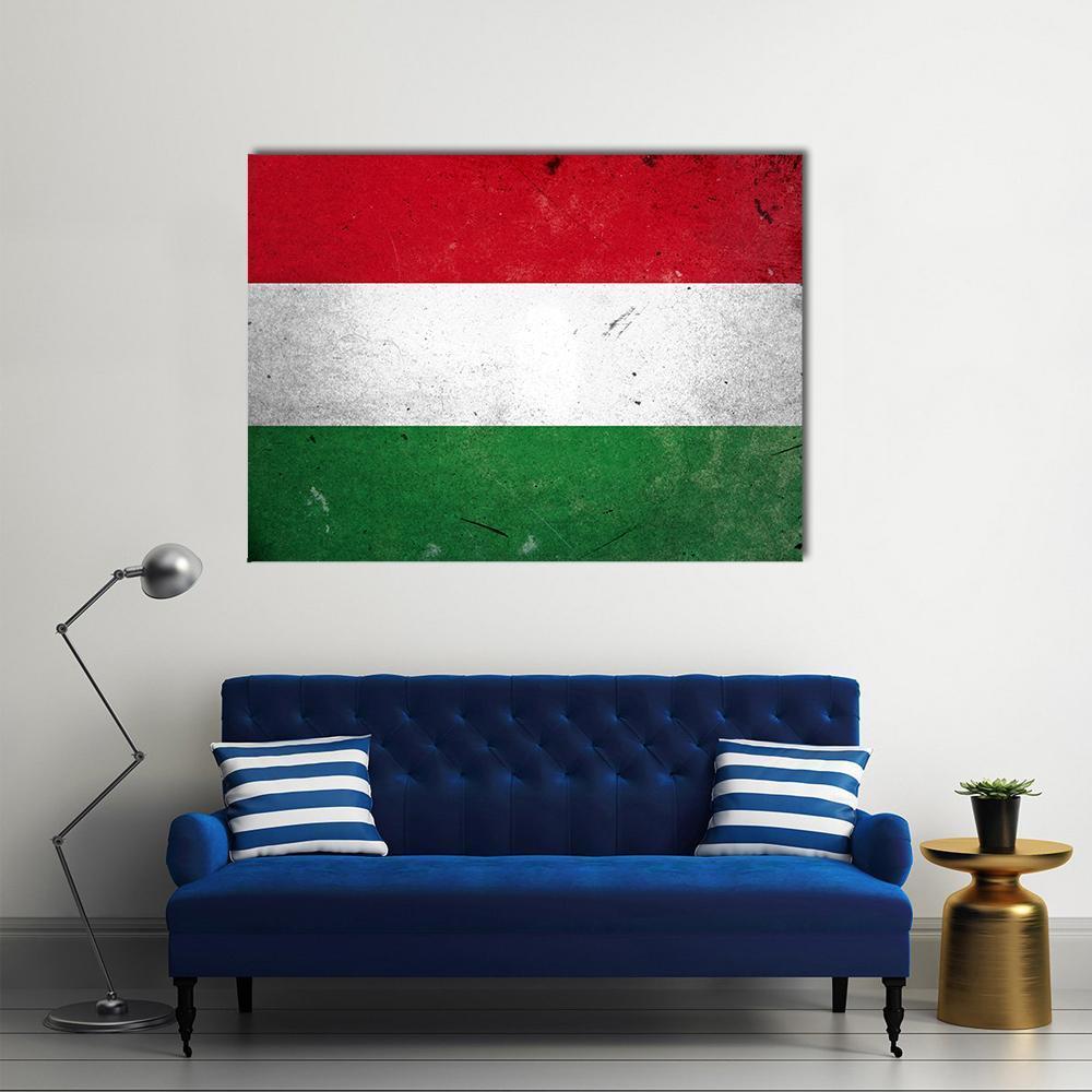 Vintage Distressed Hungary Flag Canvas Wall Art in white, red and green, single panel hung on a wall