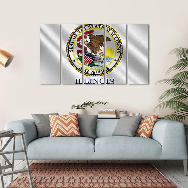 Illinois State Flag and Seal Canvas Wall Art in white and gold, hung on a wall