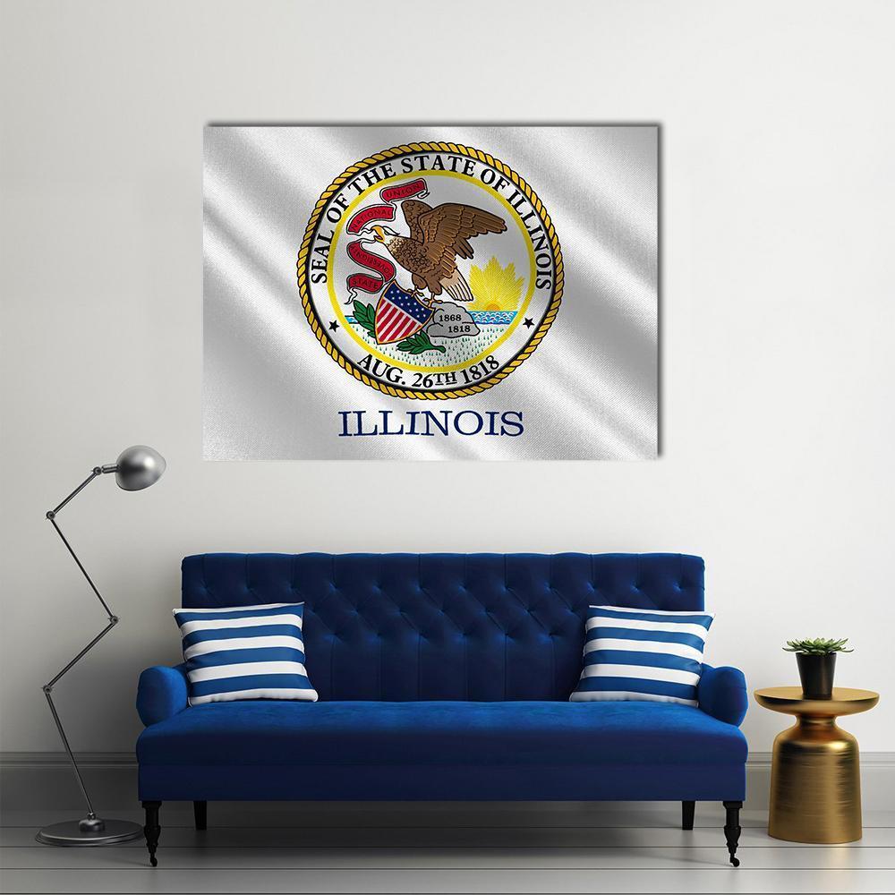 Illinois State Flag with Seal Canvas Wall Art in white, gray and gold, single panel hung on a wall