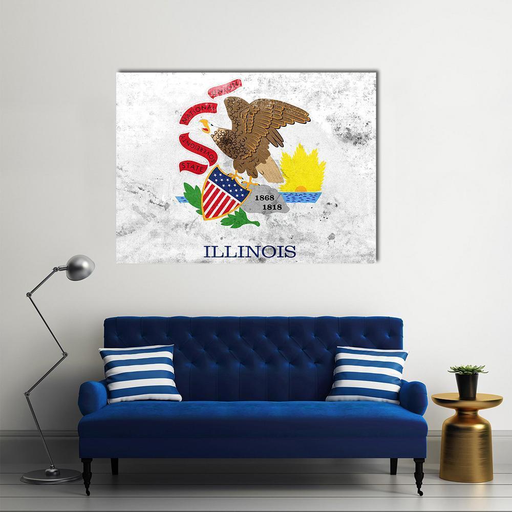 Illinois State Flag with Grungy Texture Canvas Wall Art in white and gray, single panel hung on a wall