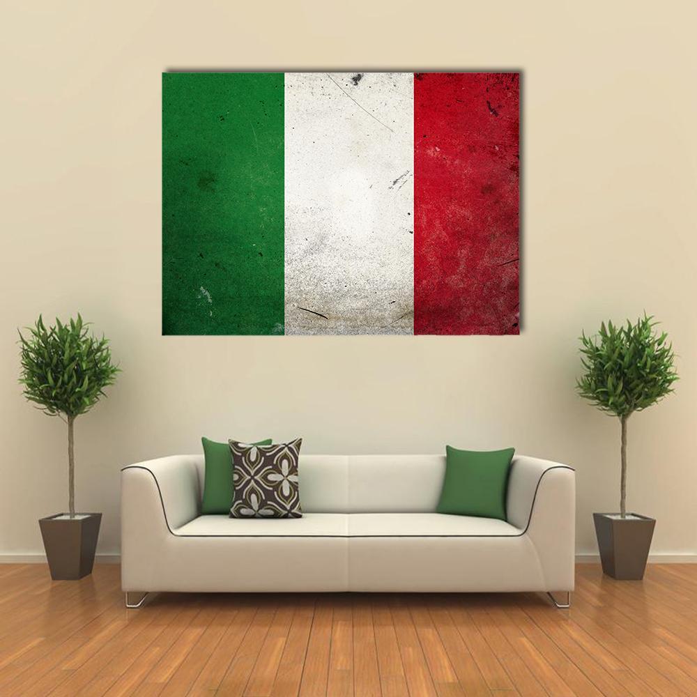 Vintage Italian Flag with Distressed Texture Canvas Wall Art in white, red and green, single panel hung on a wall