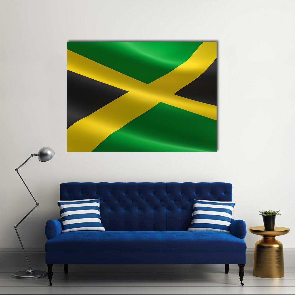 Jamaica Flag with Yellow Saltire Canvas Wall Art in black, yellow and green, single panel hung on a wall