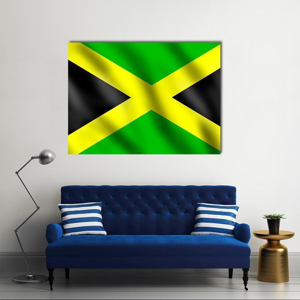 Jamaica Flag with Yellow Saltire Canvas Wall Art in black, yellow and green, single panel hung on a wall