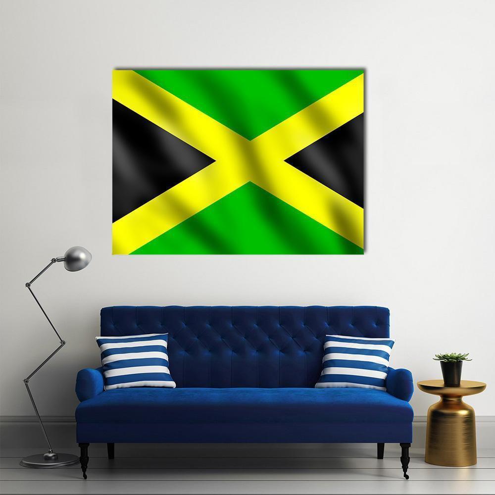 Jamaican Flag with Waving Texture Canvas Wall Art in black, yellow and green, single panel hung on a wall