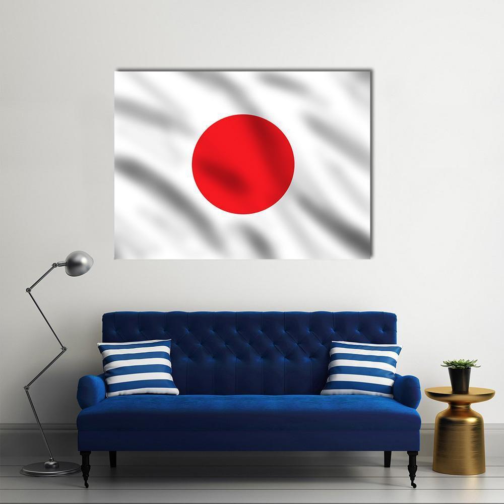 Waving Flag of Japan Canvas Wall Art in white, gray and red, single panel hung on a wall