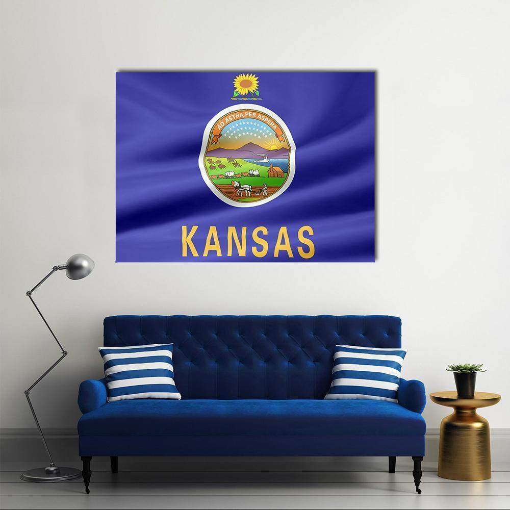 Flag of Kansas Canvas Wall Art in gold, yellow and blue, single panel hung on a wall