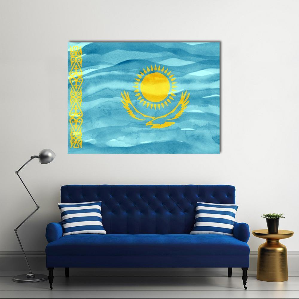Kazakhstan Flag with Sun and Golden Eagle Canvas Wall Art in gold, yellow and blue, single panel hung on a wall